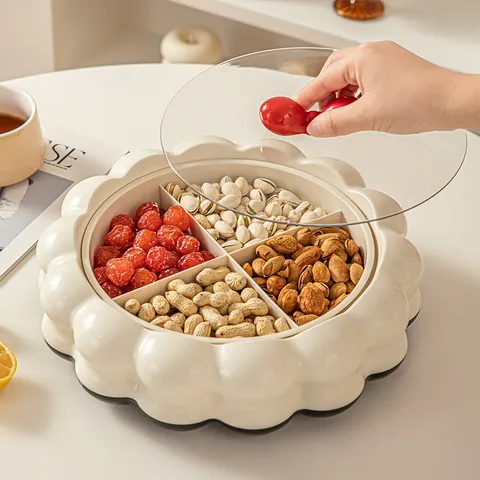 Luxury Rotatable Divided Fruit Plate with Transparent Lid Cloud Edge Candy Snack Nut Storage Box for Coffee Table Home