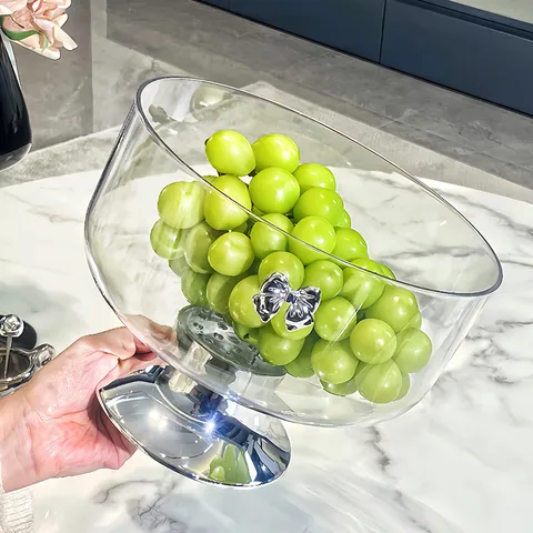 Modern Transparent Plastic Fruit Bowl With Silver Bowknot High Foot Dessert Tray Candy Dish Living Room Home Decoration
