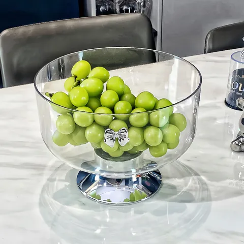 Modern Transparent Plastic Fruit Bowl With Silver Bowknot High Foot Dessert Tray Candy Dish Living Room Home Decoration