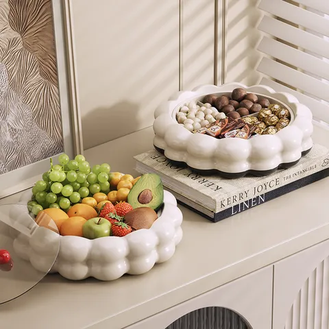 Luxury Rotatable Divided Fruit Plate with Transparent Lid Cloud Edge Candy Snack Nut Storage Box for Coffee Table Home