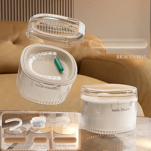 Multifunctional Denture Storage Box Portable Braces Soaking Cleaning Case With Drainage Basket Food Grade PP Retainer Container