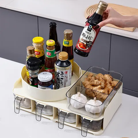 Multi-functional Kitchen Spice Rack Set With 360 Rotating Tray And Transparent Drawer Organizers Modern Minimalist Seasoning Box Storage Rack For Kitchen Organization