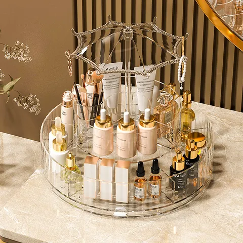 Transparent Rotating Makeup Organizer PET Plastic Cosmetic Storage Box With Umbrella Jewelry Hook For Vanity Bedroom Bathroom