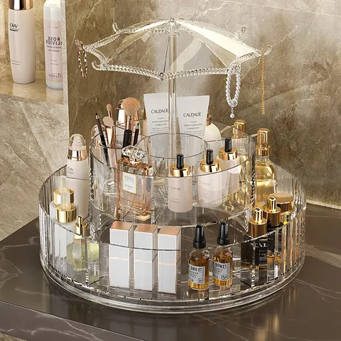Transparent Rotating Makeup Organizer PET Plastic Cosmetic Storage Box With Umbrella Jewelry Hook For Vanity Bedroom Bathroom