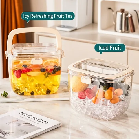 Portable Transparent Ice Bucket With Handle Sealed Lid Plastic Champagne Wine Cooler Bucket Outdoor Summer Party Fruit Tea Ice Tray Popsicle Mold