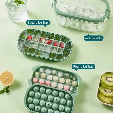 Bandeja de Cubitos de Hielo Portátil Con Caja de Almacenamiento Tapa y Cuchara Molde de Hielo de Plástico de Silicona de Gran Capacidad para Bebidas de Congelador Moldes Cuadrados Redondos de Fácil Liberación Bandeja de Hielo DIY Con Mango