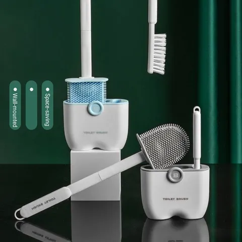 Nordic Style Silicone Toilet Brush Set No-Drill Wall-Mounted TPR Soft Bristles Toilet Cleaning Brush For Bathroom Gray Blue
