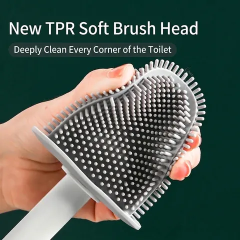 Nordic Style Silicone Toilet Brush Set No-Drill Wall-Mounted TPR Soft Bristles Toilet Cleaning Brush For Bathroom Gray Blue