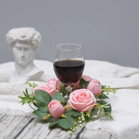 Guirlanda de Rosas Artificiales Anillo de Vela de Satén Decoración de Centro de Mesa de Boda Hogar Romántico
