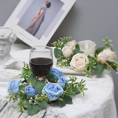 Guirlanda de Rosas Artificiales Anillo de Vela de Satén Decoración de Centro de Mesa de Boda Hogar Romántico