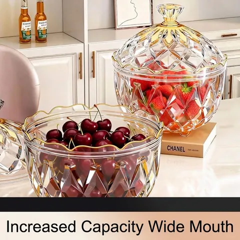 European Luxury Style PET Plastic Candy Jar Diamond Faceted Storage Container With Gold Rim Lid Minimalist Clear Amber Nut Fruit Snack Bowl Home Decorative Organizer