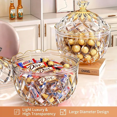 European Luxury Style PET Plastic Candy Jar Diamond Faceted Storage Container With Gold Rim Lid Minimalist Clear Amber Nut Fruit Snack Bowl Home Decorative Organizer