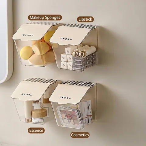 Wall Mounted Clear PET Storage Box Flip Top Dustproof Organizer For Bathroom Makeup Cotton Swab Checkerboard Decor Box