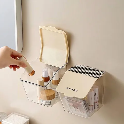 Wall Mounted Clear PET Storage Box Flip Top Dustproof Organizer For Bathroom Makeup Cotton Swab Checkerboard Decor Box