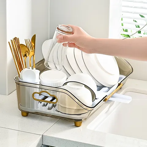 Luxus Küche Abtropfgestell Multifunktional Transparent PET Aufbewahrung Mit Goldgriffen Für Schüssel Teller