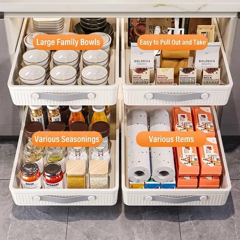 Organizador de Gabinete Extraíble Caja de Almacenamiento de PE Cajón Deslizante Para Cocina Armario Estante de Despensa Adhesivo Sin Perforación