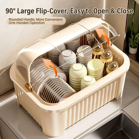 Kitchen Dish Drainer Rack With Cover Dustproof Plastic Tableware Storage Box Drain Tray Organizer For Bowls Plates Home