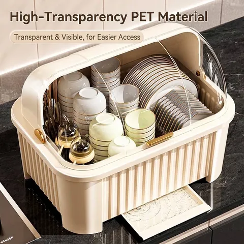 Kitchen Dish Drainer Rack With Cover Dustproof Plastic Tableware Storage Box Drain Tray Organizer For Bowls Plates Home