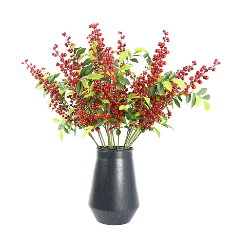 Artificial Red Berry Branch With Green Leaves For Christmas Decoration Home European Style Faux Holly Berry Stem Floral Decor
