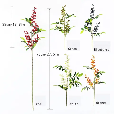 Artificial Red Berry Branch With Green Leaves For Christmas Decoration Home European Style Faux Holly Berry Stem Floral Decor