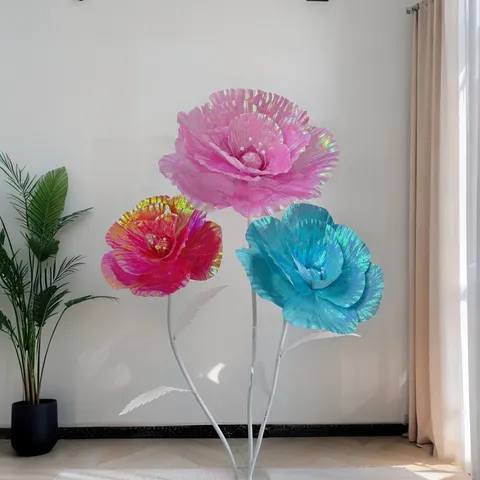 Gran Flor Artificial de Amapola Rosa de Tela Brillante Cabeza Iridiscente para Decoración de Ventana de Fondo de Escenario de Fiesta de Boda