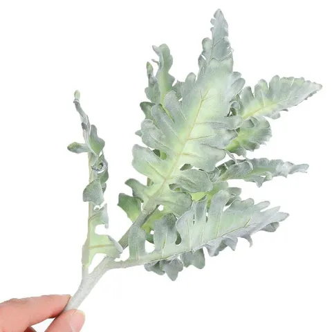 Artificial Flocked Dusty Miller Single Branch Silver Gray Green Fake Plant For Wedding Home Decoration Faux Greenery Stem