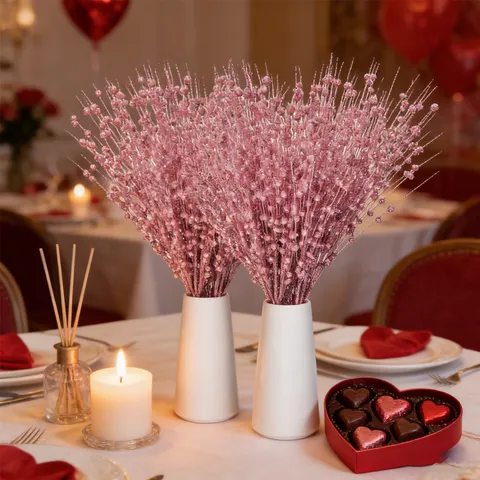 Tiges de Baies Pailletées Roses Décoration Festive Saint-Valentin Noël Branches de Baies Artificielles Décor Table
