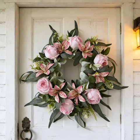 Artificial Rose Lily Flower Wreath Handmade Silk Cloth Greenery For Front Door Wall Wedding Party Home Living Room Decoration