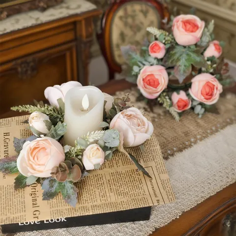 Artificial Rose Maple Leaf Candle Holder Wreath European Retro Silk Fabric Eucalyptus Garland For Wedding Party Table Decor