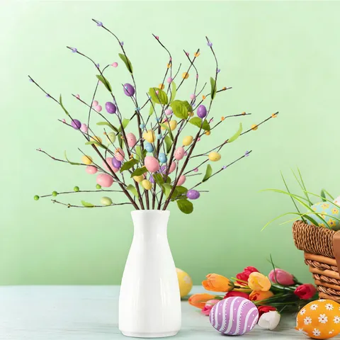Ostereier Zweige Künstliche Grüne Blätter Bunte Gestreifte Schaumstoff Eier Für Zuhause Tischdeko Ostern Party Blumen Arrangements