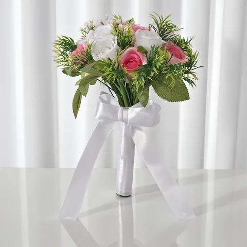 Eleganter Romantischer Künstlicher Blumenstrauß Seidenstoff Rose Gypsophila Brautstrauß Band Umwickelt Schleife Hochzeit Fotografie Requisiten Zubehör