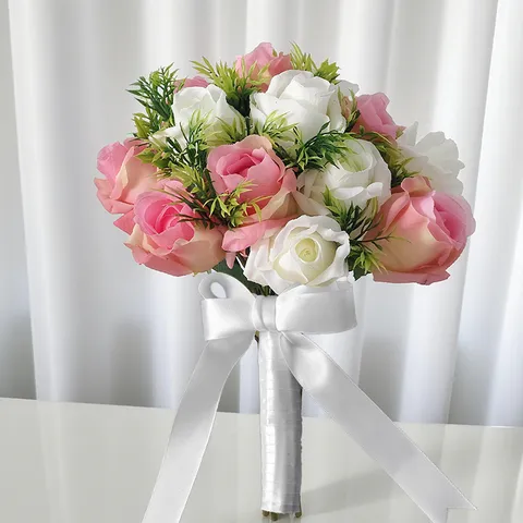 Eleganter Romantischer Künstlicher Blumenstrauß Seidenstoff Rose Gypsophila Brautstrauß Band Umwickelt Schleife Hochzeit Fotografie Requisiten Zubehör