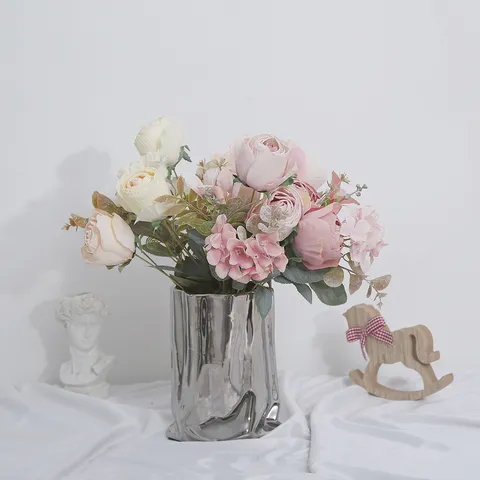 Ramo Artificial Elegante Romántico de Tela de Seda Rosa Hortensia con Bordes Quemados Arreglo Floral para Decoración del Hogar
