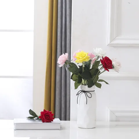 Rose Artificielle Toucher Réel Hydratante en Tissu Enduit Tige Unique pour Salon Table à Manger Décoration Maison