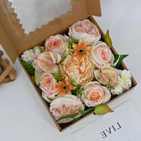 Boîte à Fleurs Artificielle Pivoine Chrysanthème Fleurs en Satin pour Mariage Fiançailles Fête Décoration de Table