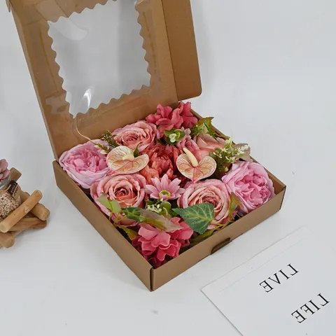 Boîte à Fleurs Artificielle Pivoine Chrysanthème Fleurs en Satin pour Mariage Fiançailles Fête Décoration de Table