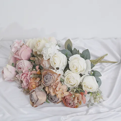 Ramo Artificial Elegante Romántico de Tela de Seda Rosa Hortensia con Bordes Quemados Arreglo Floral para Decoración del Hogar