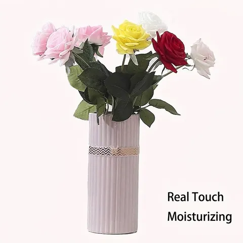 Rose Artificielle Toucher Réel Hydratante en Tissu Enduit Tige Unique pour Salon Table à Manger Décoration Maison