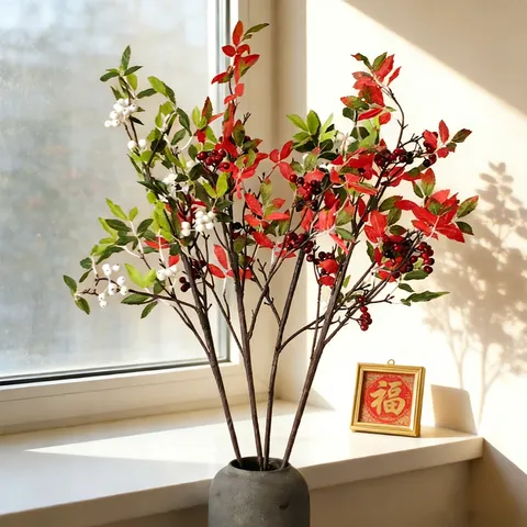 Artificial Sacred Bamboo Fruit Faux Greenery Branch For Home Table Decor Natural Photography Prop Handmade Plastic Stem Ornament
