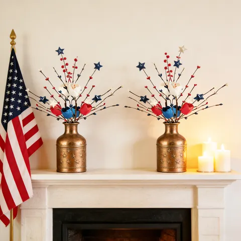 Patriotic Independence Day Artificial Berry Stems Red White Blue Tulip Picks Fourth July Party Home Vase Decor Accessory