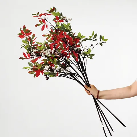 Artificial Nandina Fruit Branches Foam Silk Cloth Berries For Wedding Home Decor Photoshoot Props Red Green Foliage Stems