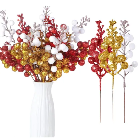 Artificial Berry Branches Glitter Berry Picks Christmas Tree Decor Fake Berries For Home Holiday Party Floral Arrangement