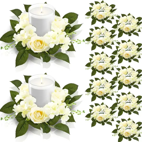 Corona de Anillo de Vela de Rosa y Hortensia de Simulación Europea Guirnalda de Flores Artificiales Para Centro de Mesa Boda Hogar