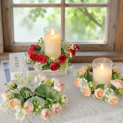 Artificial Silk Tea Rose Gypsophila Candle Ring Wreath Floral Table Party Wedding Decoration Desktop Photography Props