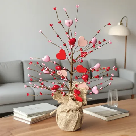 Adorno de Árbol de Corazón de San Valentín Rama de Baya de Corazón Artificial con Base de Lino Decoración de Mesa Hogar Boda Fiesta