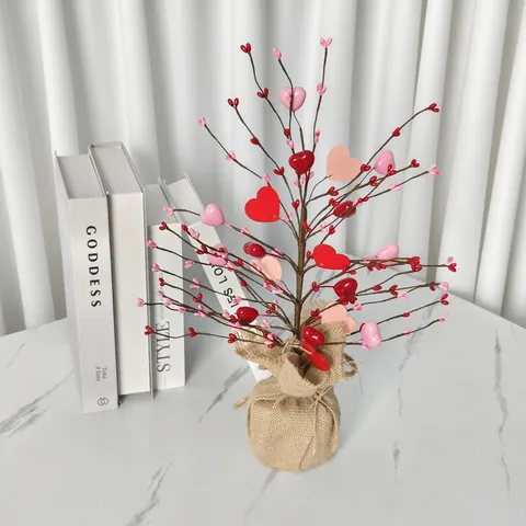 Adorno de Árbol de Corazón de San Valentín Rama de Baya de Corazón Artificial con Base de Lino Decoración de Mesa Hogar Boda Fiesta