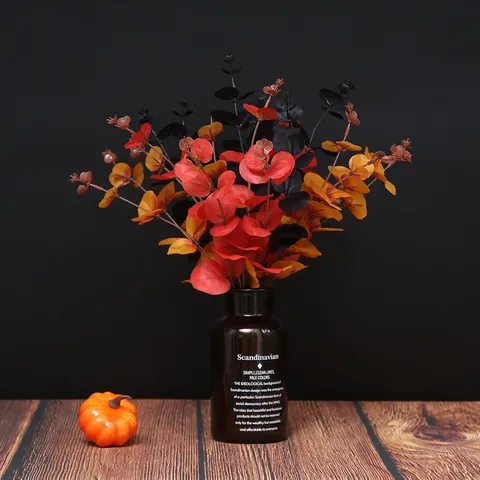 4 Branches Artificial Eucalyptus Leaves Stems For Halloween Home Decoration Faux Silk Plastic Plant Bouquet Faux Greenery Fall Decor