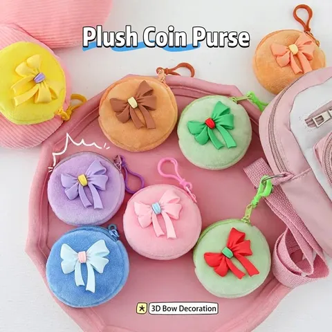 Süße Cartoon Plüsch Münzbörse Mit Schleifen-Dekoration Tragbare Mini Geldbörse Kopfhörer Aufbewahrungstasche Für Studenten Kinder Damen Macaron Farben