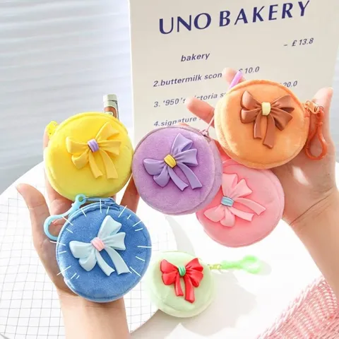 Süße Cartoon Plüsch Münzbörse Mit Schleifen-Dekoration Tragbare Mini Geldbörse Kopfhörer Aufbewahrungstasche Für Studenten Kinder Damen Macaron Farben