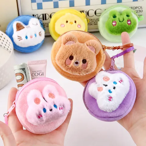 Niedliche Cartoon Plüsch Münztäschchen Mini Runde Tier Aufbewahrungstasche Mit Haken Tragbare Kopfhörer Tasche Geschenk Für Kinder Studenten